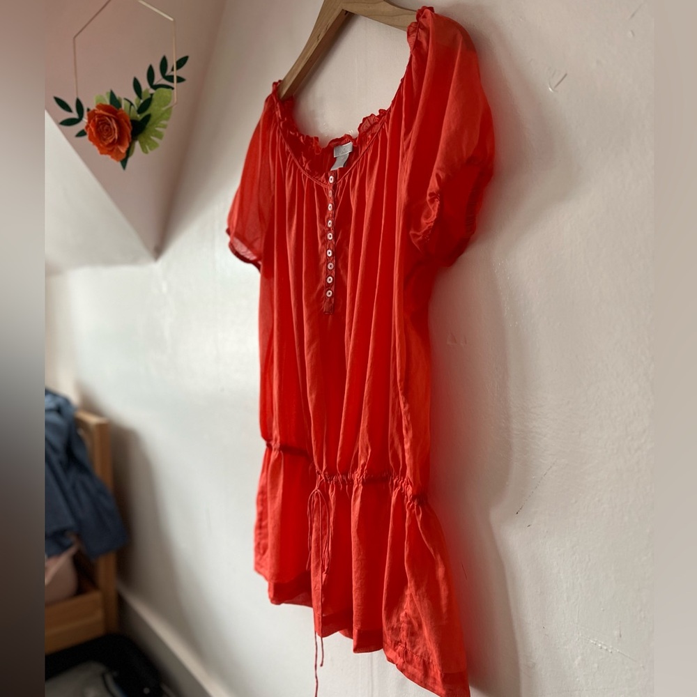 NWOT Joe Fresh coral pink peasant tunic sz L/G drawstring waist puff sleeve